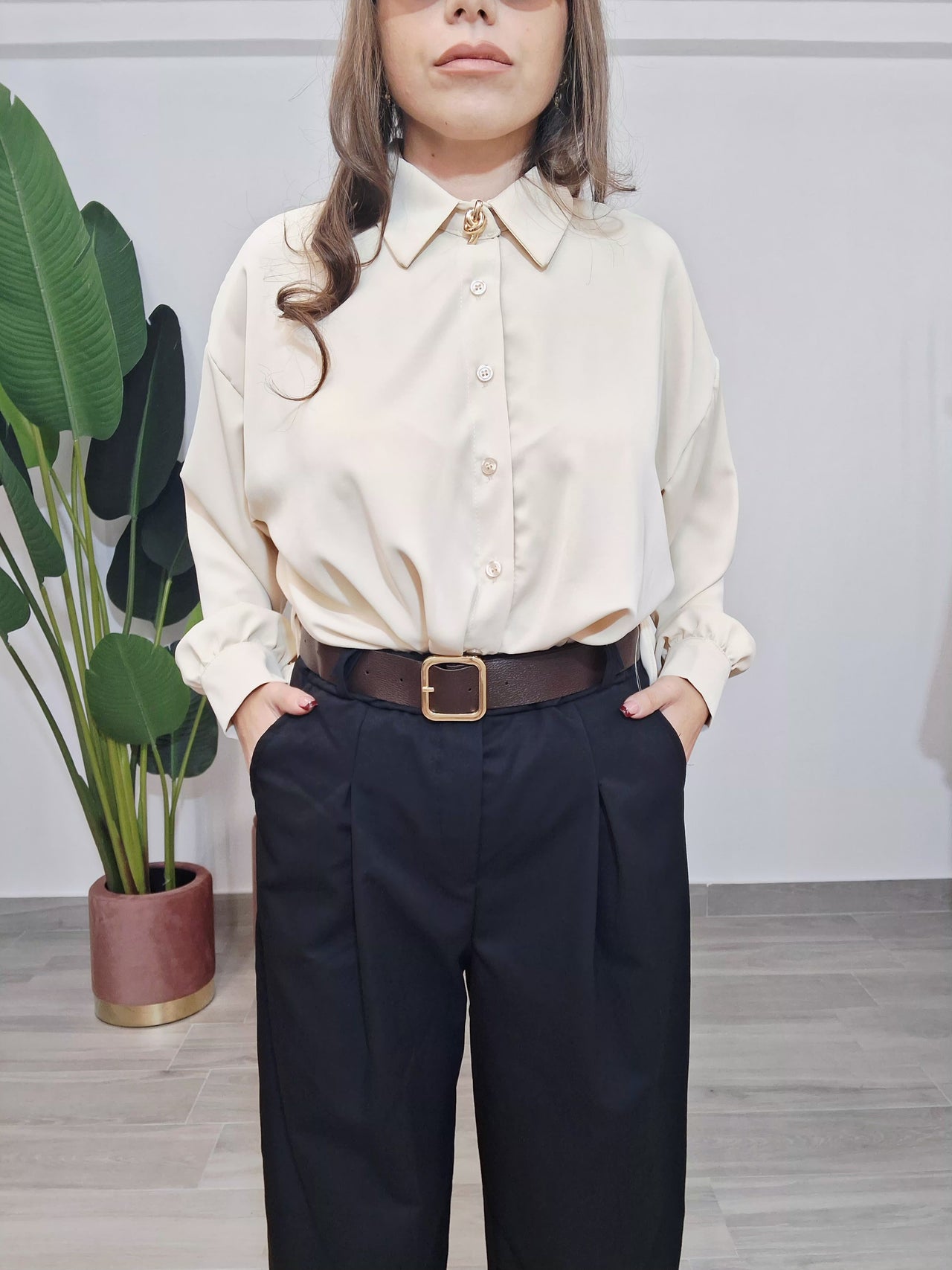 Pantalone Palazzo Cropped con Cintura